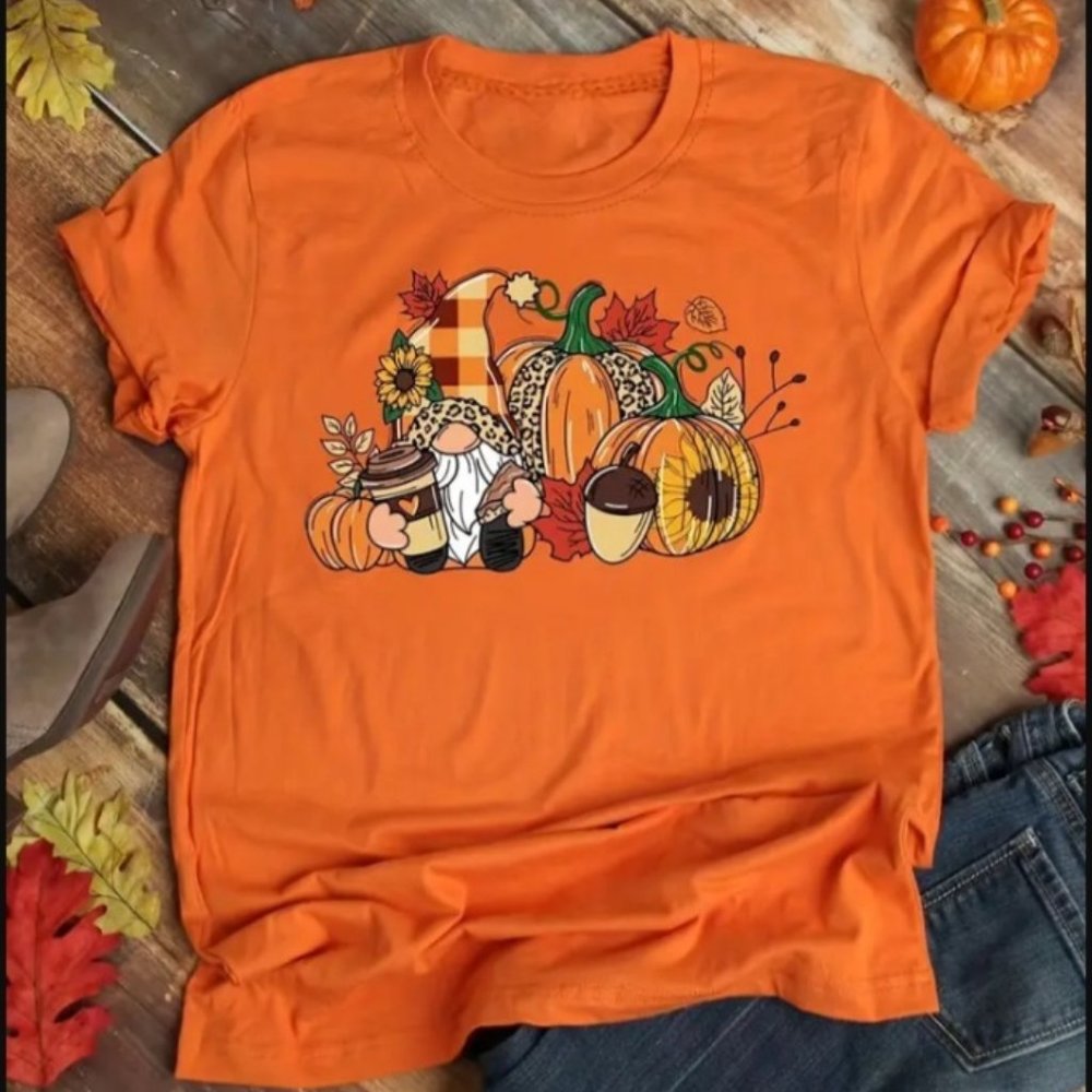 Gnome and Pumpkin Print Crew Neck T-Shirt, Casual Short Sleeve T-Shirt